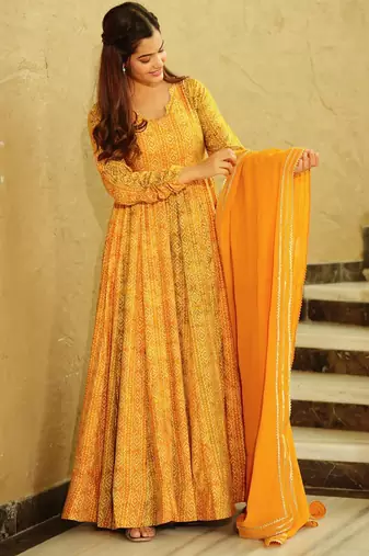 Yellow georgette digital print designer gown for festive