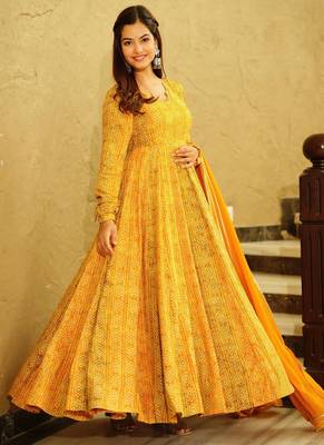 Yellow georgette digital print designer gown for festive 3