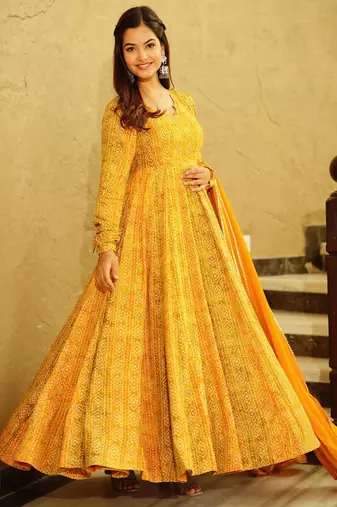 Yellow georgette digital print designer gown for festive
