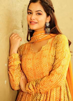 Yellow georgette digital print designer gown for festive 4