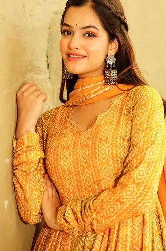 Yellow georgette digital print designer gown for festive