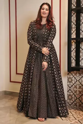 Coal black muslin digital print indowestern gown for wedding