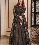 Coal black muslin digital print indowestern gown for wedding