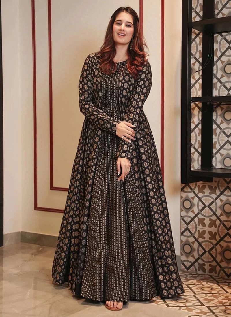 Coal black muslin digital print indowestern gown for wedding