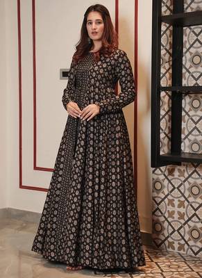 Coal black muslin digital print indowestern gown for wedding 2