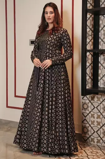 Coal black muslin digital print indowestern gown for wedding