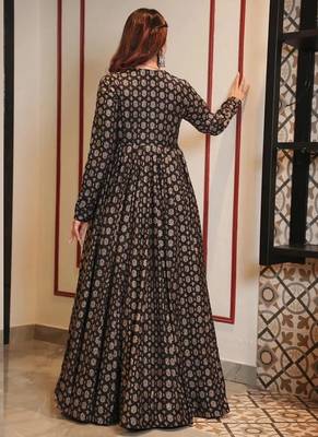 Coal black muslin digital print indowestern gown for wedding 3