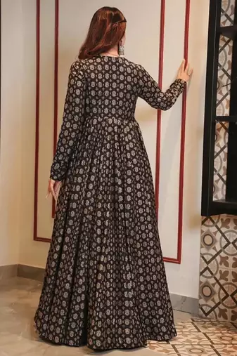 Coal black muslin digital print indowestern gown for wedding