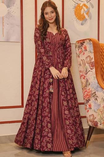Maroon muslin digital print indowestern gown for wedding