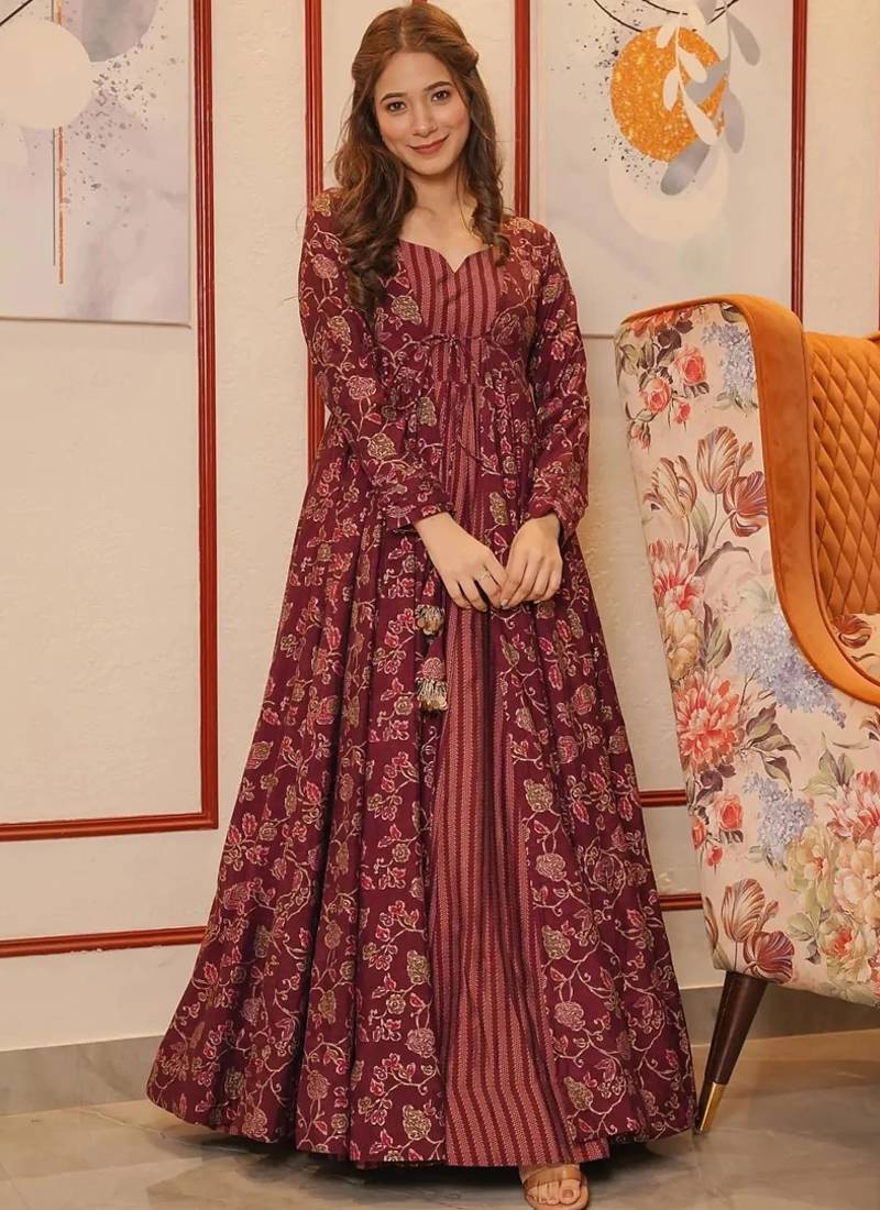 Maroon muslin digital print indowestern gown for wedding