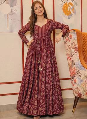 Maroon muslin digital print indowestern gown for wedding 2