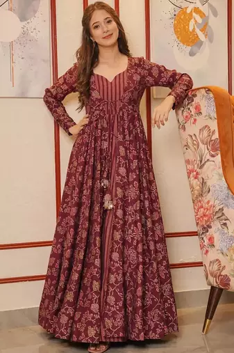 Maroon muslin digital print indowestern gown for wedding