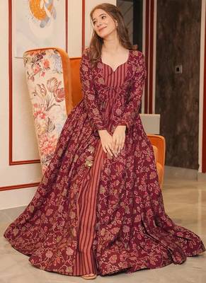 Maroon muslin digital print indowestern gown for wedding 3