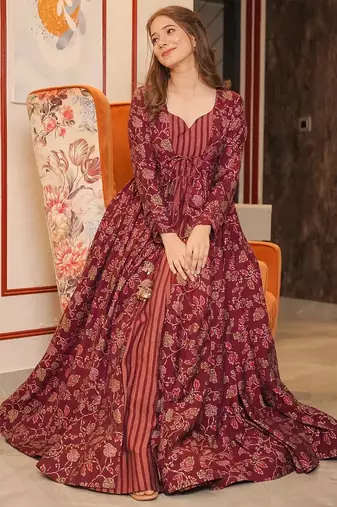 Maroon muslin digital print indowestern gown for wedding
