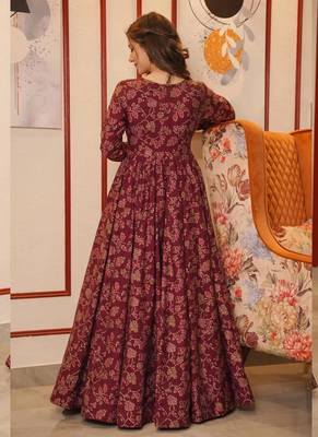 Maroon muslin digital print indowestern gown for wedding 4