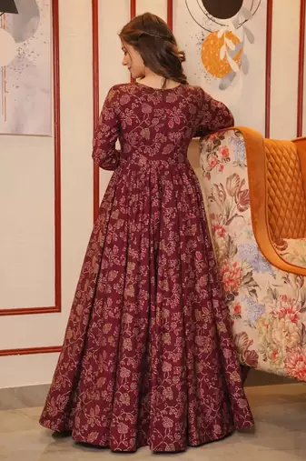 Maroon muslin digital print indowestern gown for wedding