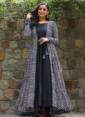 Black muslin digital print indowestern gown for wedding 1