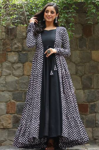 Black muslin digital print indowestern gown for wedding