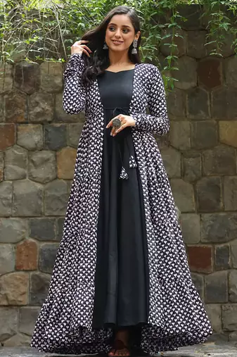 Black muslin digital print indowestern gown for wedding