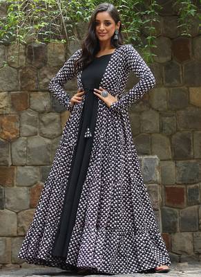 Black muslin digital print indowestern gown for wedding 2