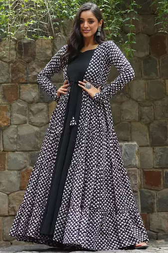 Black muslin digital print indowestern gown for wedding