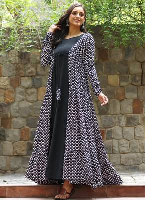 Black muslin digital print indowestern gown for wedding 3