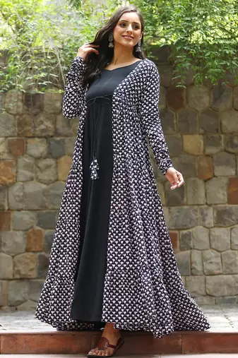 Black muslin digital print indowestern gown for wedding