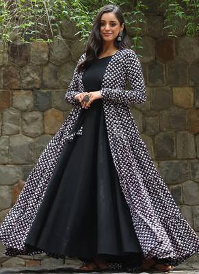 Black muslin digital print indowestern gown for wedding 4