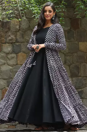 Black muslin digital print indowestern gown for wedding