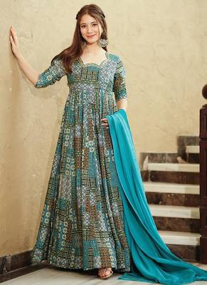 Sky blue rayon digital print designer gown for festive 1