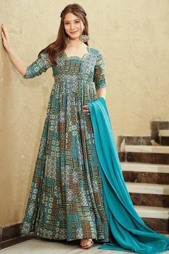 Sky blue rayon digital print designer gown for festive