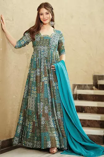 Sky blue rayon digital print designer gown for festive