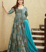 Sky blue reyon digital print designer gown for festive