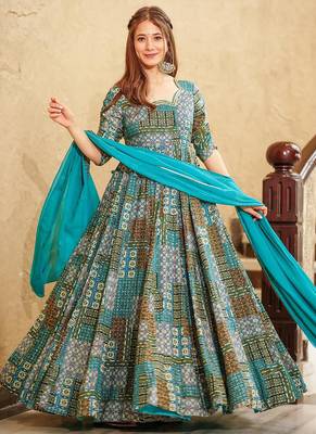 Sky blue rayon digital print designer gown for festive 2