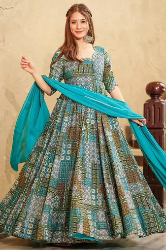 Sky blue rayon digital print designer gown for festive