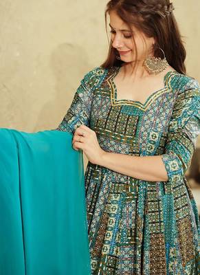 Sky blue rayon digital print designer gown for festive 3