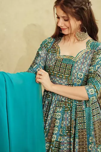 Sky blue rayon digital print designer gown for festive