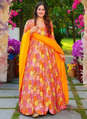 Multi color rayon digital print designer gown for festive 1