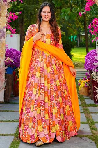 Multi color rayon digital print designer gown for festive