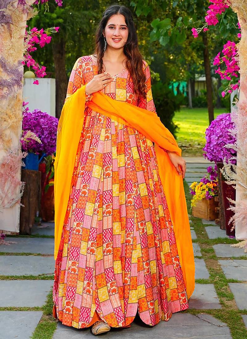 Multi color reyon digital print designer gown for festive