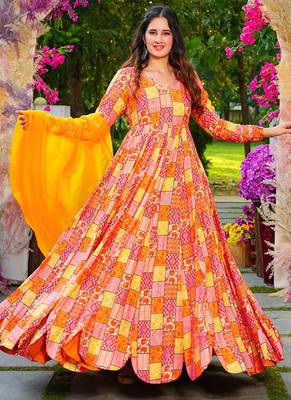 Multi color rayon digital print designer gown for festive 2