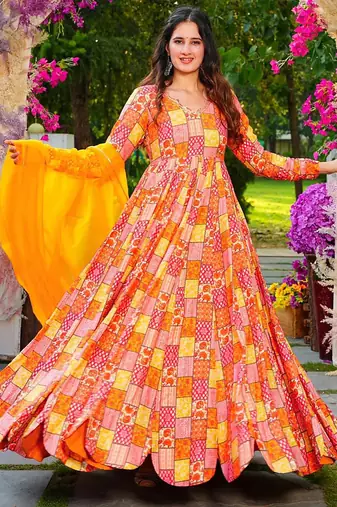 Multi color rayon digital print designer gown for festive
