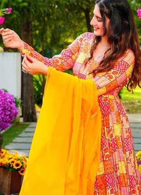 Multi color rayon digital print designer gown for festive 3