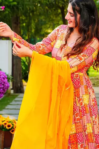 Multi color rayon digital print designer gown for festive