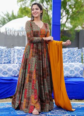 Multi color rayon digital print designer gown for festive 1