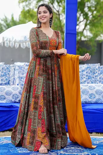 Multi color rayon digital print designer gown for festive