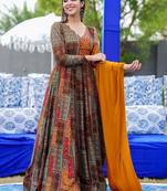 Multi color reyon digital print designer gown for festive