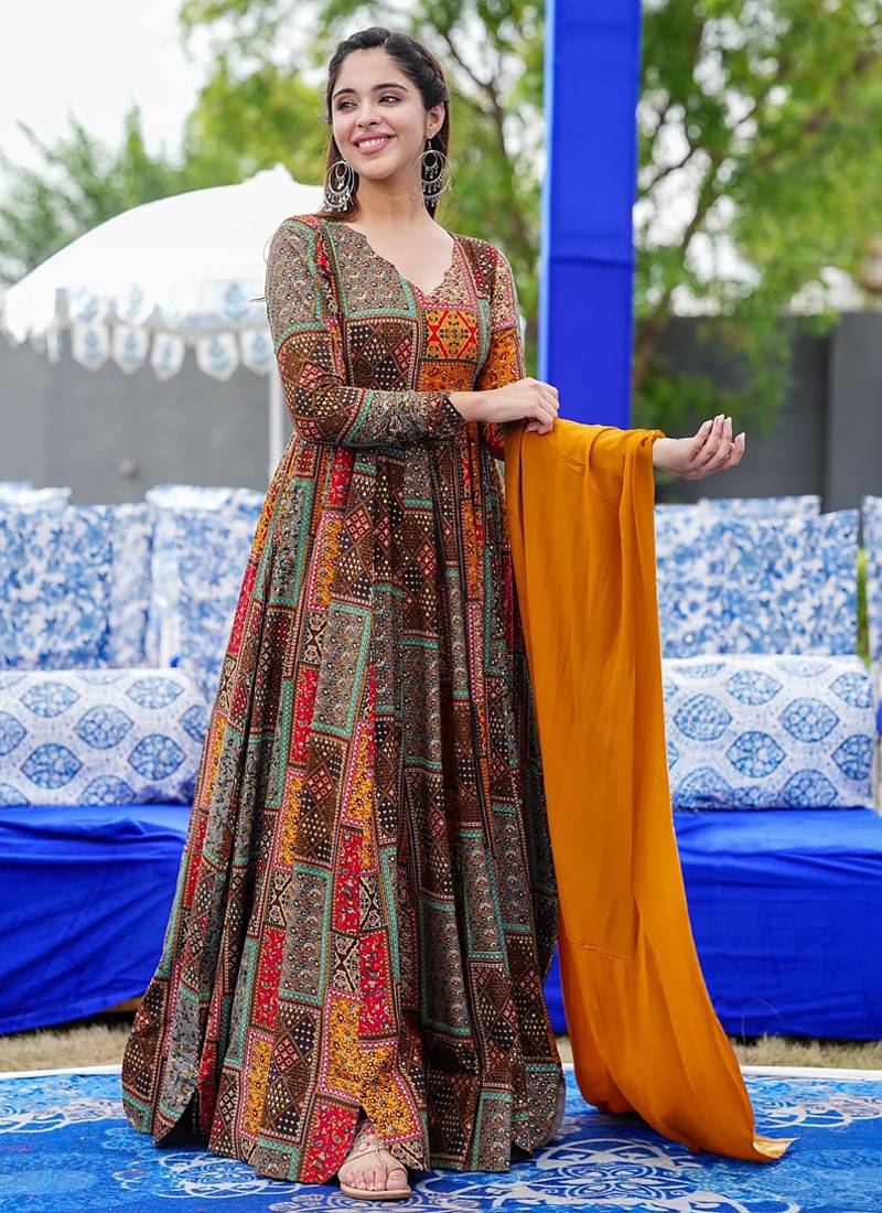 Multi color reyon digital print designer gown for festive