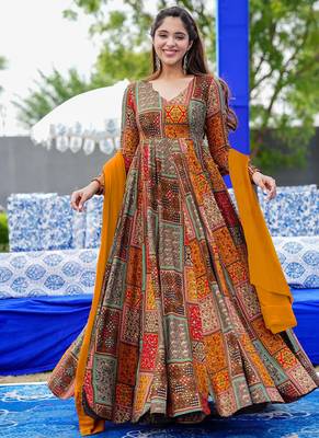 Multi color rayon digital print designer gown for festive 2