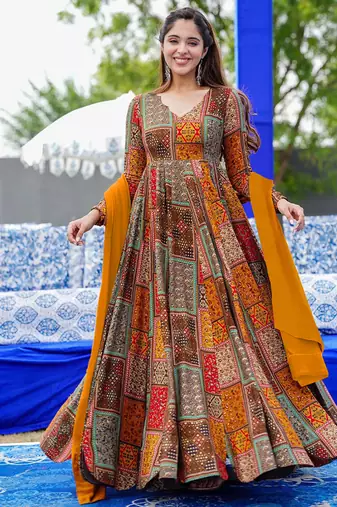 Multi color rayon digital print designer gown for festive